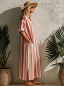Women's Classic Pink Striped Loose-Fit Short-Sleeve V-Neck Maxi Dress ZMZ0378F7SWL