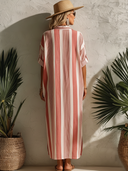 Women's Classic Pink Striped Loose-Fit Short-Sleeve V-Neck Maxi Dress ZMZ0378F7SWL