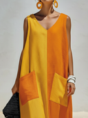 Women's Casual Vacation-Style — Color-Blocked, V-Neck, Sleeveless, And Loose-Fitting Cotton-Linen Dress ZMZ0334F7ZYY