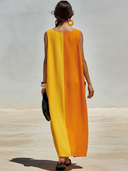 Women's Casual Vacation-Style — Color-Blocked, V-Neck, Sleeveless, And Loose-Fitting Cotton-Linen Dress ZMZ0334F7ZYY