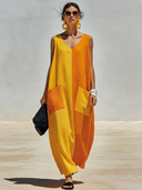Women's Casual Vacation-Style — Color-Blocked, V-Neck, Sleeveless, And Loose-Fitting Cotton-Linen Dress ZMZ0334F7ZYY