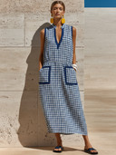 Women's Vintage Casual — V-Neck, Sleeveless, With Pockets Pure Cotton Plaid Midi Dress ZMZ0369F3ZYY