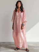 Women's Vacation & Casual Tencel Chiffon Maxi Dress — Loose-Fit, Short-Sleeve, Henley Collar (Includes Inner Slip Dress) ZMZ2879E4ZYY