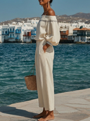 Women's Linen-Blend Off Shoulder Striped Balloon Sleeve Top & Pleated Wide Leg Cropped Pants Co-ord Set ZMZ0349F8YZH