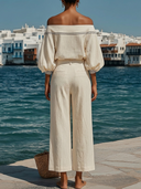 Women's Linen-Blend Off Shoulder Striped Balloon Sleeve Top & Pleated Wide Leg Cropped Pants Co-ord Set ZMZ0349F8YZH