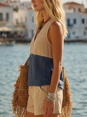 Women's Bohemian Coastal Style Linen-Blend Color Block Contrast Stitch V-neck Sleeveless Blouse ZMZ0367F4YZH