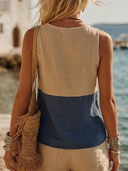 Women's Bohemian Coastal Style Linen-Blend Color Block Contrast Stitch V-neck Sleeveless Blouse ZMZ0367F4YZH