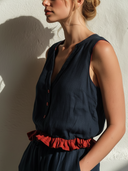 Women's Vacation Casual Style Linen-Blend Contrast Ruffle Hem Sleeveless V-Neck Blouse ZMZ0315F9YZH