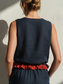 Women's Vacation Casual Style Linen-Blend Contrast Ruffle Hem Sleeveless V-Neck Blouse ZMZ0315F9YZH