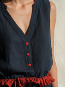 Women's Vacation Casual Style Linen-Blend Contrast Ruffle Hem Sleeveless V-Neck Blouse ZMZ0315F9YZH