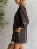 Women's Boho Resort Style Contrast Piping Lace-Up Neck Balloon Sleeve Mini Tunic Dress ZMZ0313F5YZH