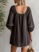 Women's Boho Resort Style Contrast Piping Lace-Up Neck Balloon Sleeve Mini Tunic Dress ZMZ0313F5YZH