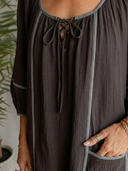 Women's Boho Resort Style Contrast Piping Lace-Up Neck Balloon Sleeve Mini Tunic Dress ZMZ0313F5YZH