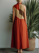 Women's Retro Bohemian Vacation Linen-Blend Color Block Stand Collar Sleeveless Maxi Dress ZMZ0318F1YZH