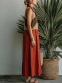 Women's Retro Bohemian Vacation Linen-Blend Color Block Stand Collar Sleeveless Maxi Dress ZMZ0318F1YZH