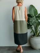 Women's Natural Casual Style Linen-Blend Three-Tone Color Block Sleeveless Shift Midi Dress ZMZ0312F9YZH