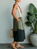 Women's Natural Casual Style Linen-Blend Three-Tone Color Block Sleeveless Shift Midi Dress ZMZ0312F9YZH