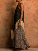 Women's Boho Safari Style Linen-Blend One Shoulder Color Block Leopard Print Maxi Dress ZMZ0365F8YZH