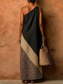 Women's Boho Safari Style Linen-Blend One Shoulder Color Block Leopard Print Maxi Dress ZMZ0365F8YZH