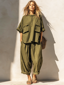 Women's Retro Casual Cotton Linen Short-Sleeve Top And Pants Set ZMZ0497F1ZJY