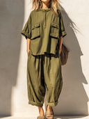 Women's Retro Casual Cotton Linen Short-Sleeve Top And Pants Set ZMZ0497F1ZJY