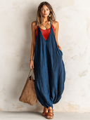 Women's Retro Casual Cotton Linen Color Block Sleeveless Jumpsuit Set ZMZ0498F0ZJY