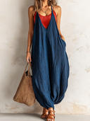 Women's Retro Casual Cotton Linen Color Block Sleeveless Jumpsuit Set ZMZ0498F0ZJY