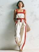 Women's Retro Casual Cotton Striped Color Block Cotton Linen Sleeveless Jumpsuit ZMZ0404F7ZJY