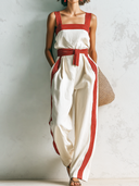 Women's Retro Casual Cotton Striped Color Block Cotton Linen Sleeveless Jumpsuit ZMZ0404F7ZJY