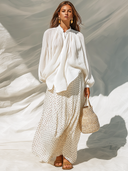 Women's Retro Casual Cotton Linen Long-Sleeved Top And Chiffon Polka Dot Skirt Set ZMZ0458F2ZJY