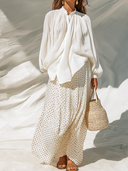 Women's Retro Casual Cotton Linen Long-Sleeved Top And Chiffon Polka Dot Skirt Set ZMZ0458F2ZJY