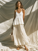 Women's Retro Casual Cotton Linen Sleeveless Top And Chiffon Polka Dot Skirt Set ZMZ0459F9ZJY