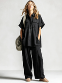 Women's Retro Casual Street Style Cotton Washed Short-Sleeve Top And Pants Set ZMZ0447F5ZJY