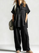 Women's Retro Casual Street Style Cotton Washed Short-Sleeve Top And Pants Set ZMZ0447F5ZJY