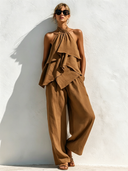 Women's Stylish Brown Sleeveless Layered Top And Straight-Leg Pants Set ZMZ0466F0SWL