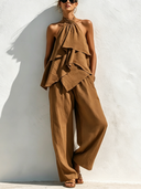 Women's Stylish Brown Sleeveless Layered Top And Straight-Leg Pants Set ZMZ0466F0SWL