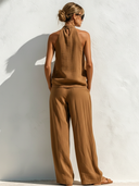 Women's Stylish Brown Sleeveless Layered Top And Straight-Leg Pants Set ZMZ0466F0SWL