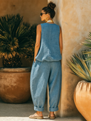 Women's Resort Linen Blend Sky Blue Deep V-Neck Oversized Relaxed Fit Tank Top & Balloon-Leg Pants Set ZMZ0499F4SWL