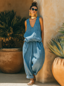 Women's Resort Linen Blend Sky Blue Deep V-Neck Oversized Relaxed Fit Tank Top & Balloon-Leg Pants Set ZMZ0499F4SWL