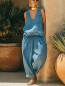 Women's Resort Linen Blend Sky Blue Deep V-Neck Oversized Relaxed Fit Tank Top & Balloon-Leg Pants Set ZMZ0499F4SWL