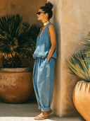 Women's Resort Linen Blend Sky Blue Deep V-Neck Oversized Relaxed Fit Tank Top & Balloon-Leg Pants Set ZMZ0499F4SWL