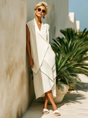 Women's Modern-Style Ivory White Asymmetrical Layered Waterfall-Hem Midi Dress ZMZ0455F7SWL