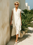 Women's Modern-Style Ivory White Asymmetrical Layered Waterfall-Hem Midi Dress ZMZ0455F7SWL