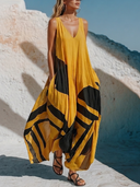 Women's Resort Style Faux Linen Abstract Print Sleeveless V-Neck Maxi Dress ZMZ0470F6YZH