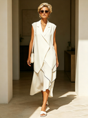 Women's Modern-Style Ivory White Asymmetrical Layered Waterfall-Hem Midi Dress ZMZ0455F7SWL