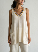 Women's Lounge Casual Style Textured Knit Color Striped V-neck Sleeveless Tunic Top ZMZ0456F9YZH