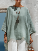 Women's Cotton Linen Round Neck Long-sleeved Asymmetrical Long-sleeved Shirt ZMZ0437F7XT