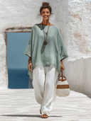Women's Cotton Linen Round Neck Long-sleeved Asymmetrical Long-sleeved Shirt ZMZ0437F7XT