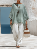 Women's Cotton Linen Round Neck Long-sleeved Asymmetrical Long-sleeved Shirt ZMZ0437F7XT