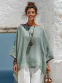 Women's Cotton Linen Round Neck Long-sleeved Asymmetrical Long-sleeved Shirt ZMZ0437F7XT